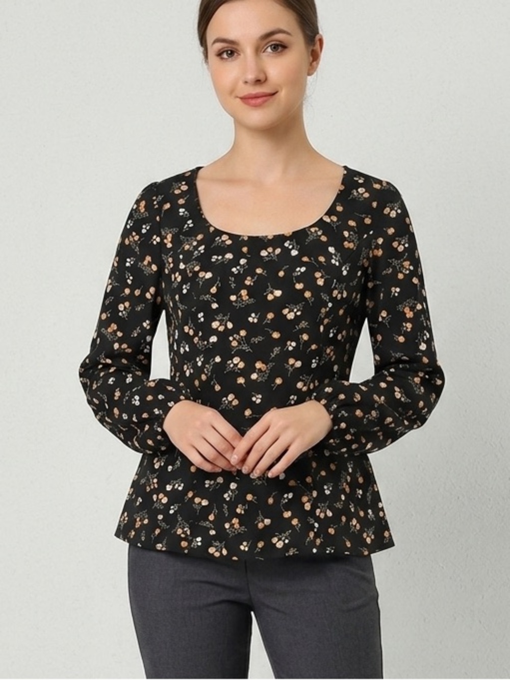Allegra K Black Floral Scoop-Neck Peplum Blouse